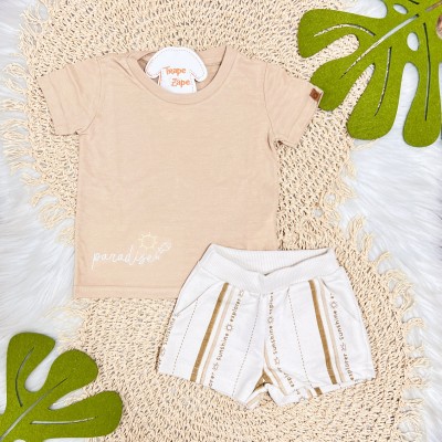 Conj. Camiseta Paradise e Bermuda Sunshine - Areia e Off White